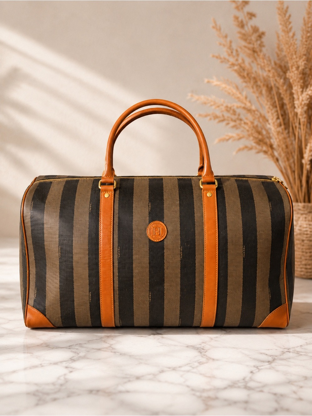 Fendi Vintage Pequin Stripe Travel Duffel Bag Brown Black Weekender Italy